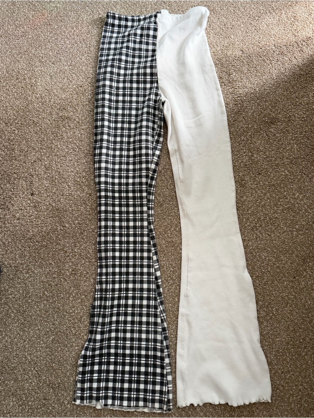 Two-Tone Plaid & White Flare Pants